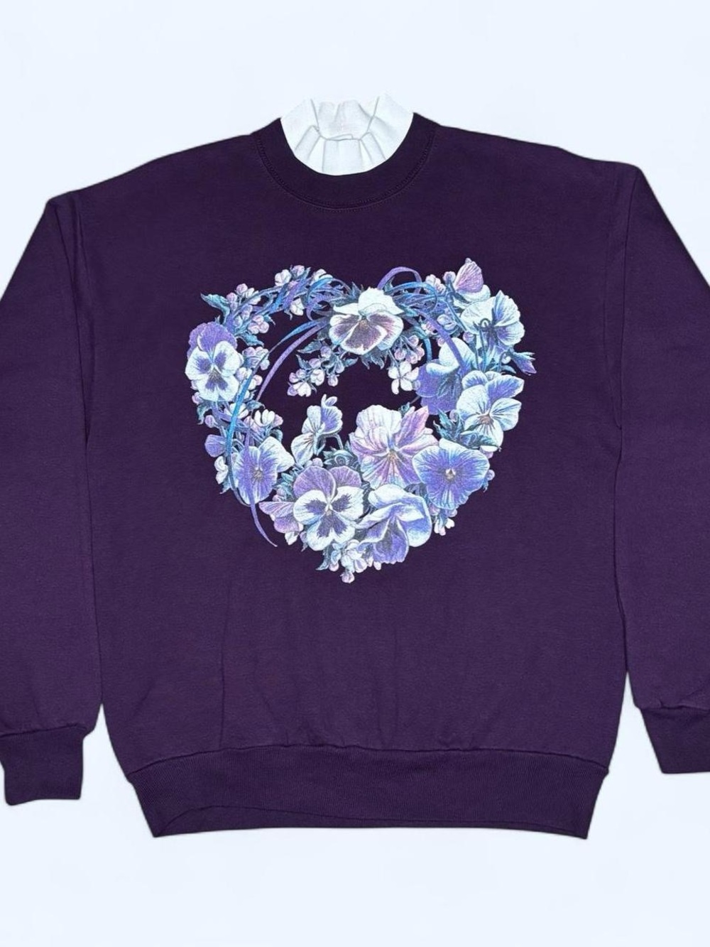 Vintage 90s Jerzees Purple Floral Heart Mock Neck Sweatshirt USA M Grannycore